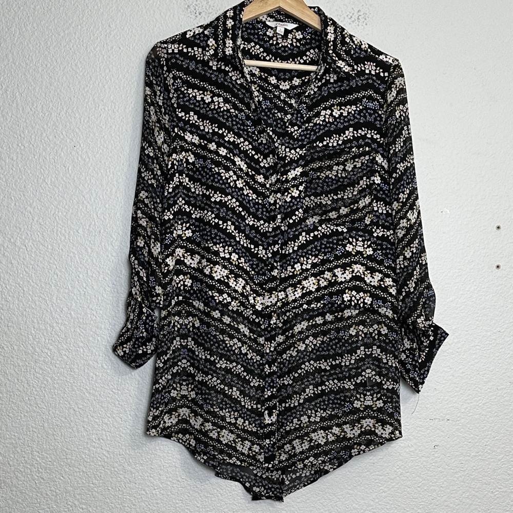 Candies Women’s Size Large Black Floral Button Down Top - Picture 1 of 10